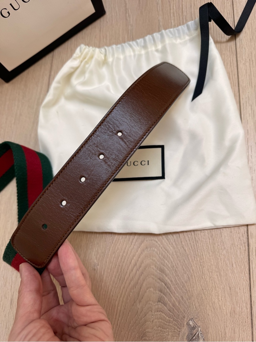 Gucci Brown Leather Belt with Green and Red Web and Gold Double G Buckle 85*34 - Picture 8 of 9